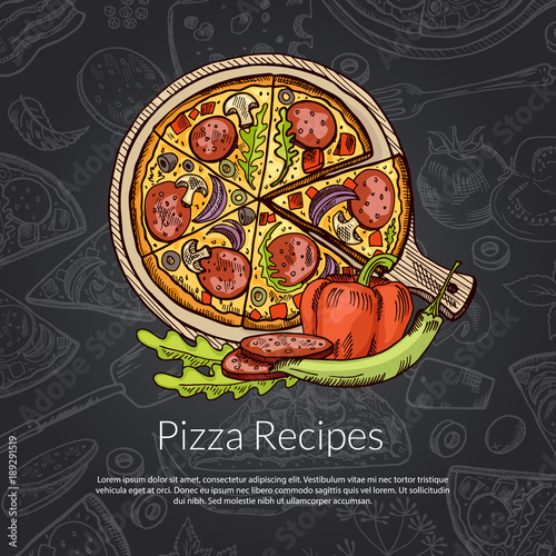 Vector pizza, rozmarine, pepper and pepperoni hand drawn