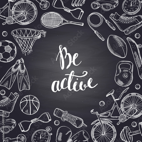 Vector hand drawn sports equipment contoured on chalkboard illustration