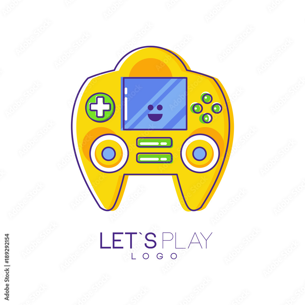Game console with screen and buttons. Electronic gadget. Linear emblem with yellow fill. Colorful vector design for logo, mobile app or developer company Game console with screen and buttons. Electronic gadget. Linear emblem with yellow fill. Colorful vector design for logo, mobile app or developer company