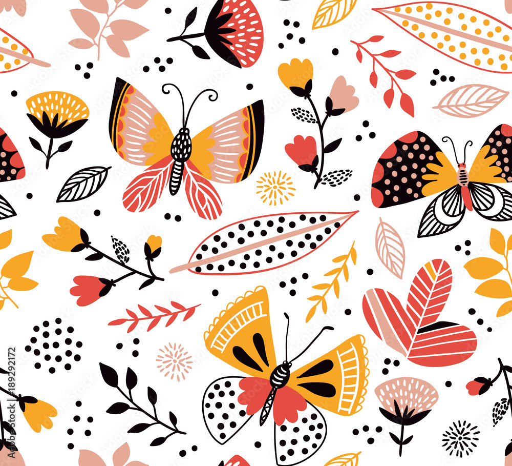 Vector seamless pattern with cute butterflies, flowers and plants. Bright stylish summer background. Vector seamless pattern with cute butterflies, flowers and plants. Bright stylish summer background.