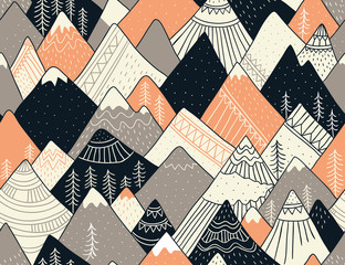 Wandcirkels Bergen patronen Scandinavisch bergpatroon met handgetekende ornamenten  © Utro na more