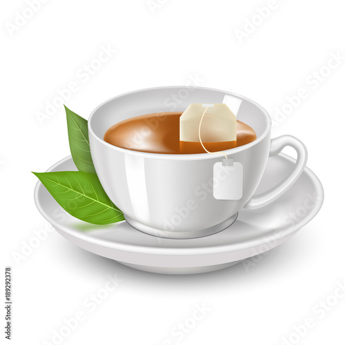 Realistic Detailed 3d Black Teabag and White Tea Cup Ad. Vector