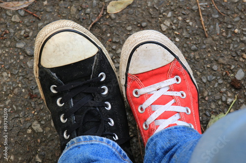 red and black sneakers