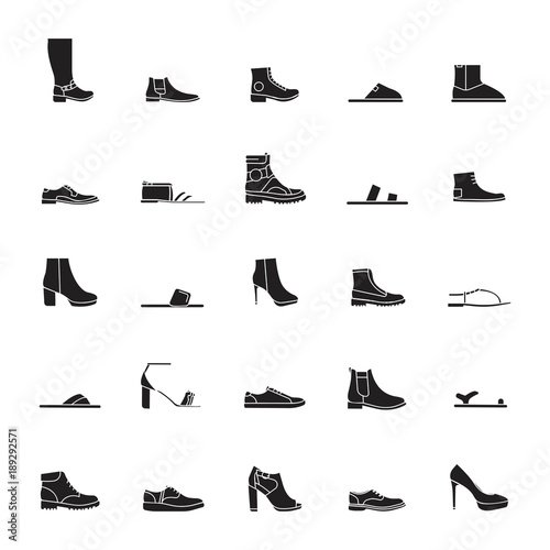 Shoes silhouette Icons isolated on white background. Vector illustration with boots, sneakers and slippers in black simple silhouette style. Modern fashion objects.