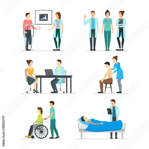 Cartoon Doctors and Patients Characters Icon Set. Vector