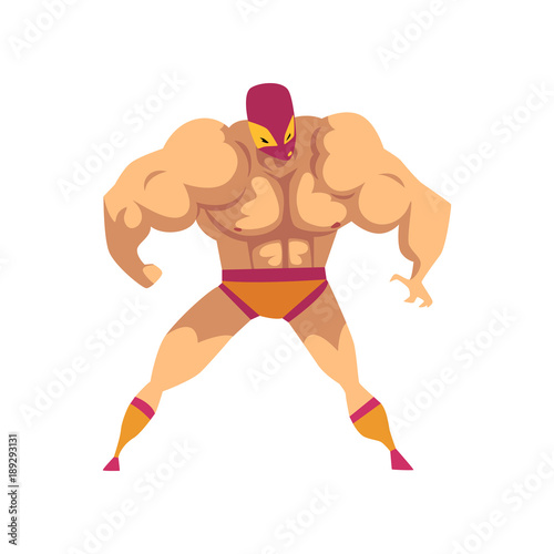 Cartoon strong wrestler in powerful pose. Fighter in red-orange mask, shorts and socks. Professional martial art artist. Ready to fight. Combat sport. Flat vector