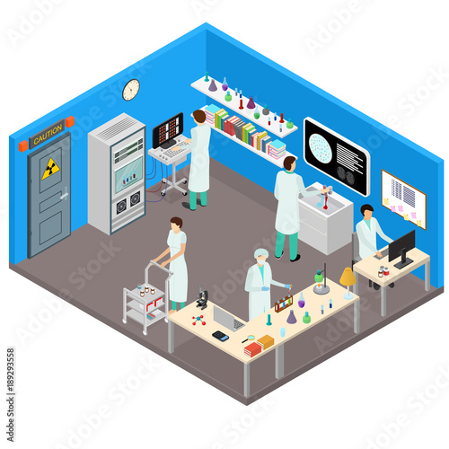 Science Lab Interior with Furniture Isometric View. Vector