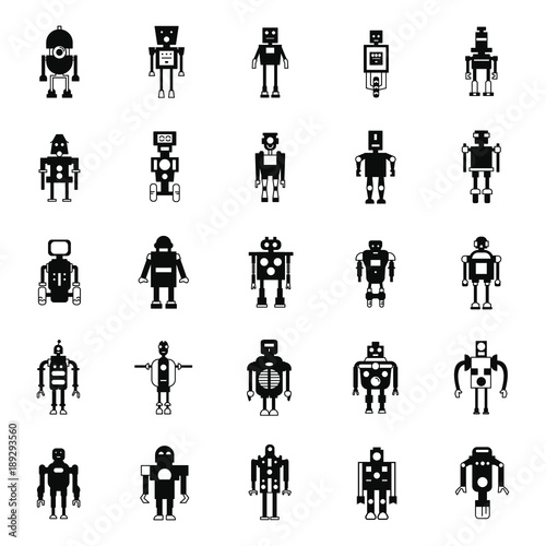 Robots black simple silhouette Icons set. Vector illustration with mechanic and elecrtic robots in silhouette style. Technology objects.
