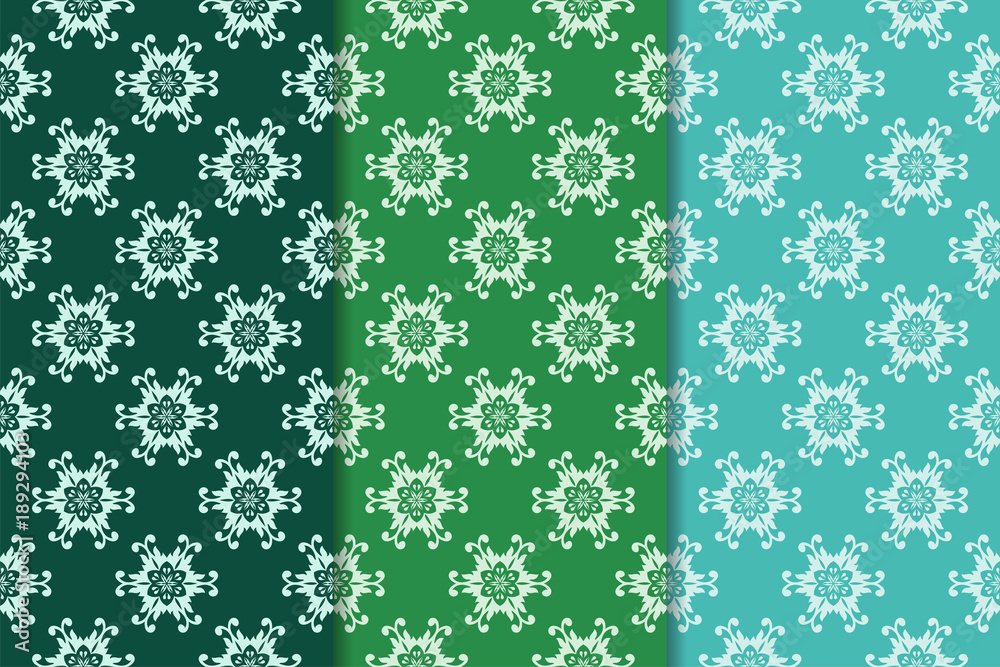 Set of floral ornaments. Green set of vertical seamless patterns