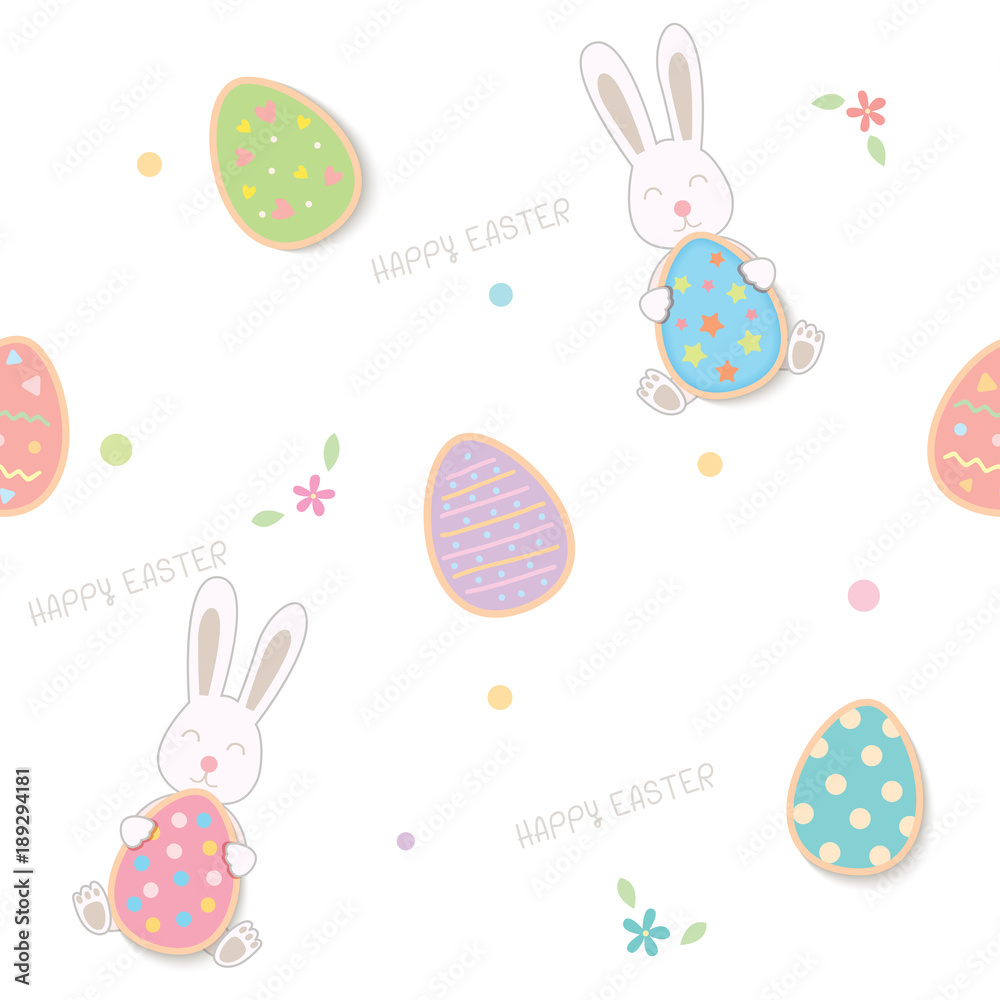 Easter design to seamless pattern decorated with rabbit and painted eggs on white background.
