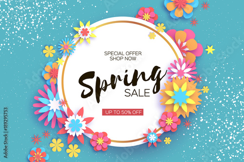 Bright Origami Spring Sale Flowers Banner. Paper cut Floral Greetings card. Spring blossom. Love Heart frame. Happy Women s Day. 8 March. Text. Seasonal holiday on blue. Trendy decor.