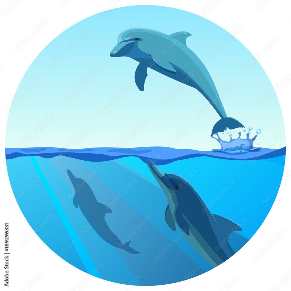 Obraz premium Dolphin jumping out of water in deep blue sea, vector