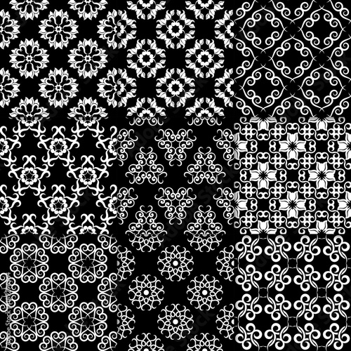 Black and white floral ornaments. Collection of seamless patterns