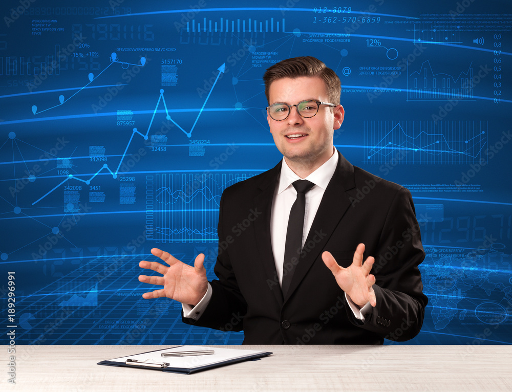 Stock data analyst in studio giving adivce on blue chart background Stock data analyst in studio giving adivce on blue chart background