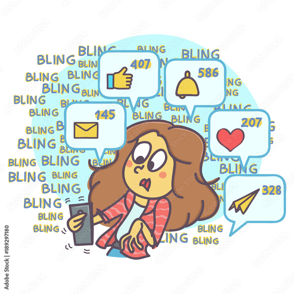 Funny cartoon of surprised woman getting hundred of comments and messages  on internet, vector illustration Stock Vector | Adobe Stock