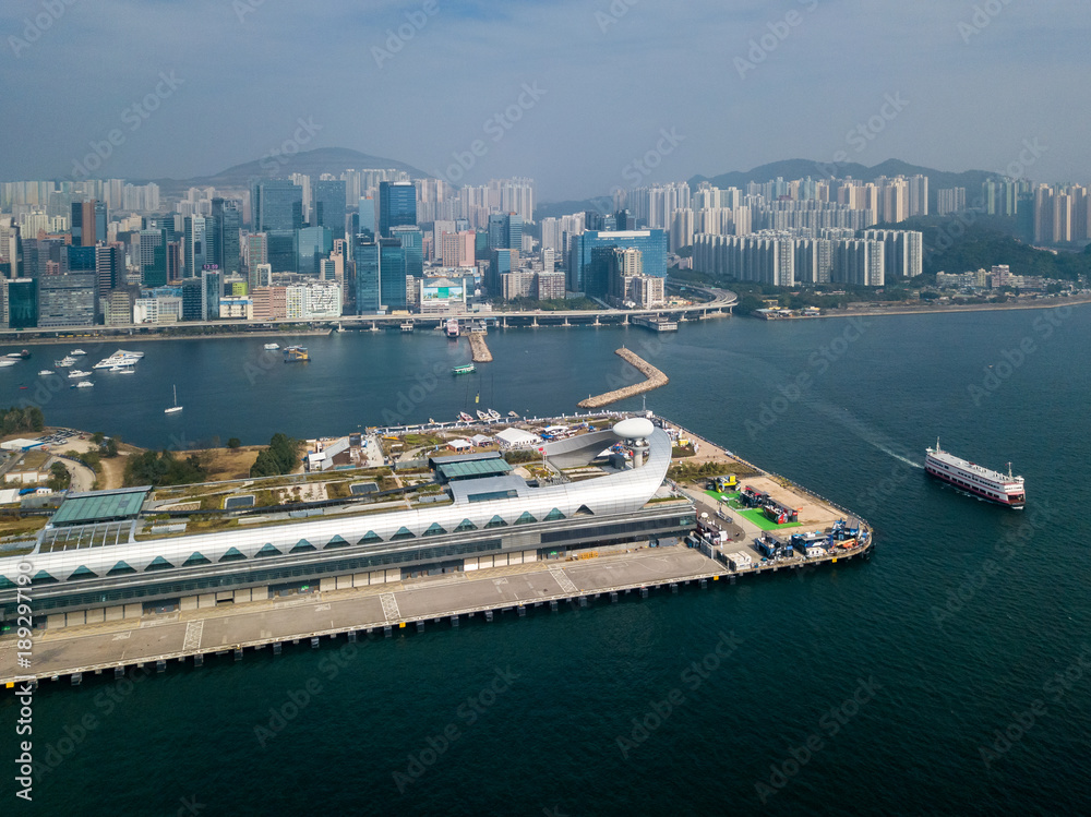 Kai Tak Cruise Terminal of Hong Kong from drone view