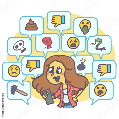 Angry woman because of rude and hateful comments on social network, funny vector drawing