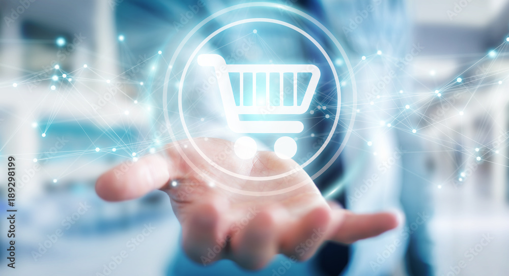 Businessman using digital shopping icons with connections 3D rendering Businessman using digital shopping icons with connections 3D rendering