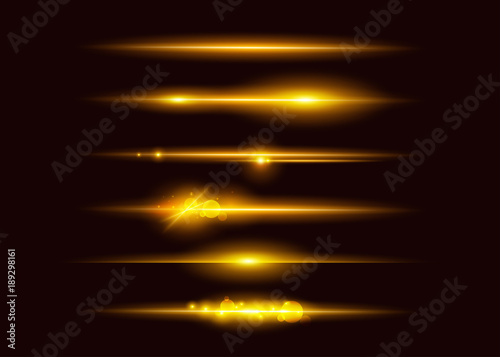 Set of Vector Glowing Neon Light Effects. Abstract Golden Line with Radiance and Bokeh Effect. UI Design Element. Transparent Lens Flare. Futuristic Vibrant Glow for Game Design, Banner, Frame, Button