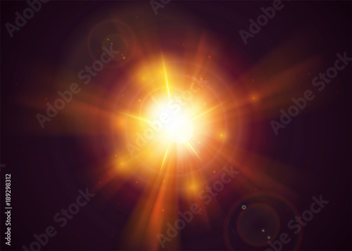 Sunshine Light Effect. Yellow Sun Rays with Transparency. Realistic Holy Sunlight with Glow, Flare, Solar Dust. Magic Gold Sunbeam.