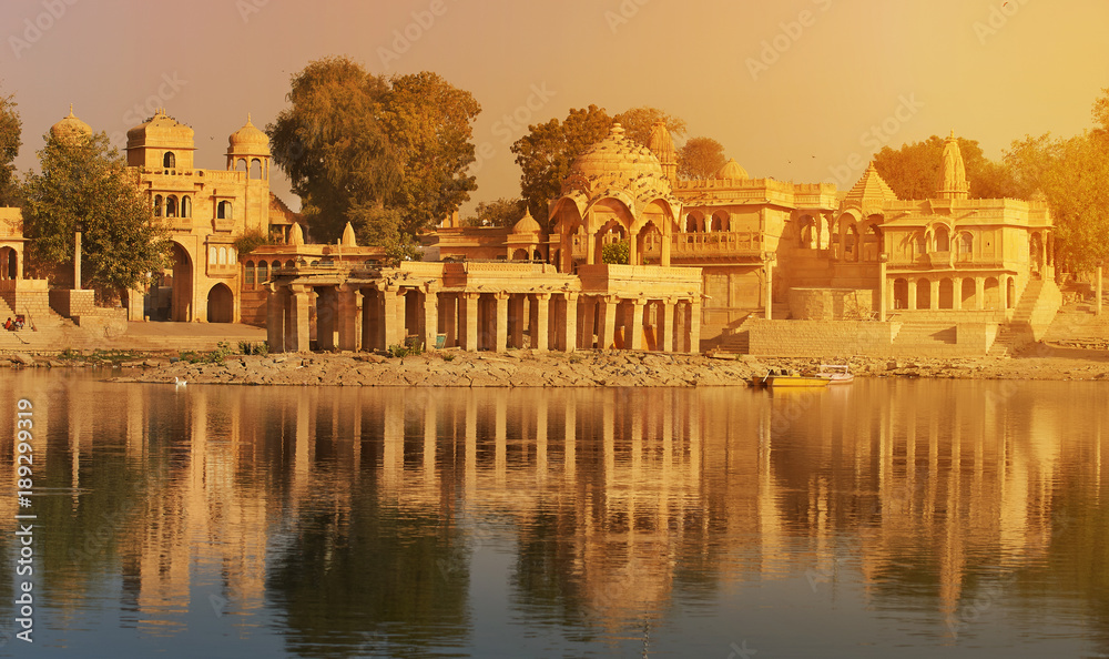 Fototapeta premium Gadi Sagar temple on Gadisar lake Jaisalmer, India.