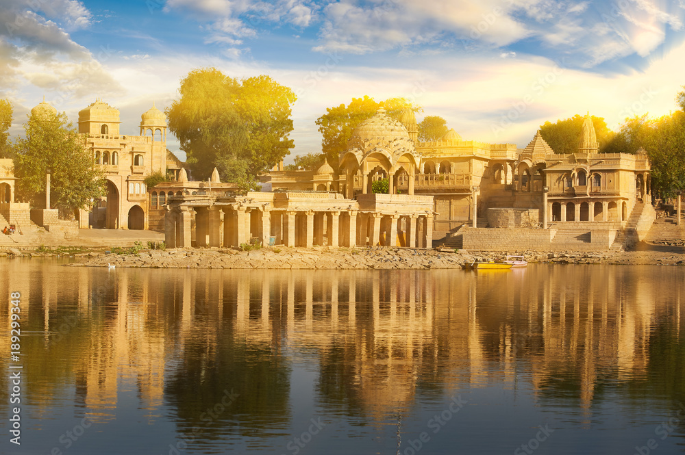 Gadi Sagar temple on Gadisar lake Jaisalmer, India.
