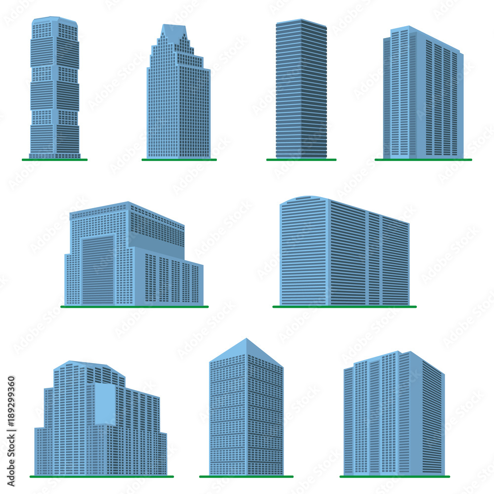 Set of nine modern high-rise building on a white background. View of the building from the bottom. Isometric vector illustration.
