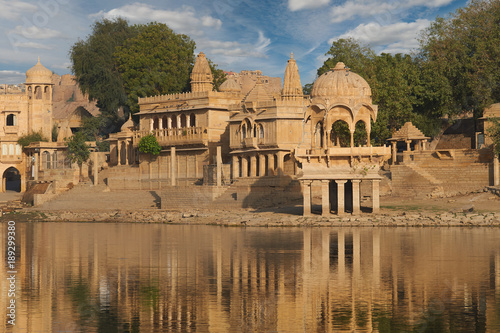 Gadi Sagar temple on Gadisar lake Jaisalmer, India.