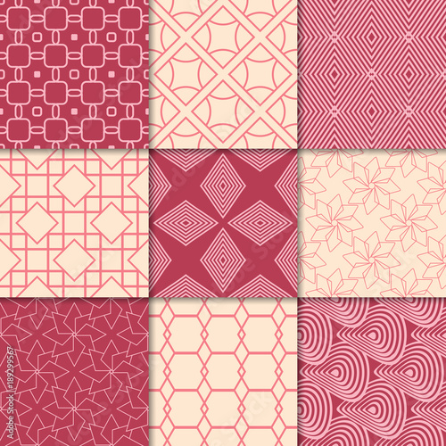 Cherry red and beige geometric ornaments. Collection of seamless patterns