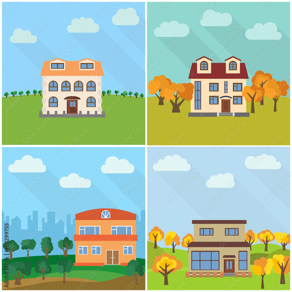 Fototapeta premium Set of four lonely houses in the nature. Vector illustration. 