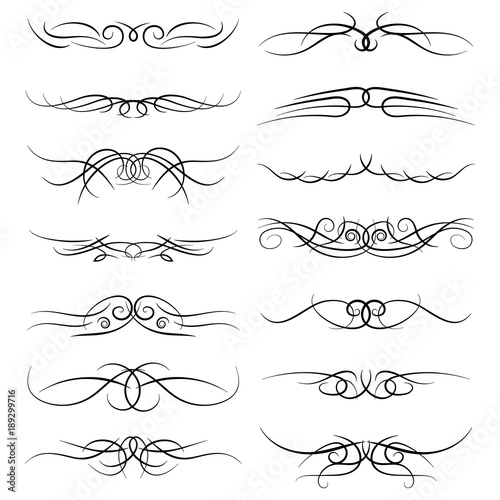 Set of vintage decorative curls, swirls, monograms and calligraphic borders. Line drawing design elements in black color on white background. Vector illustration.
