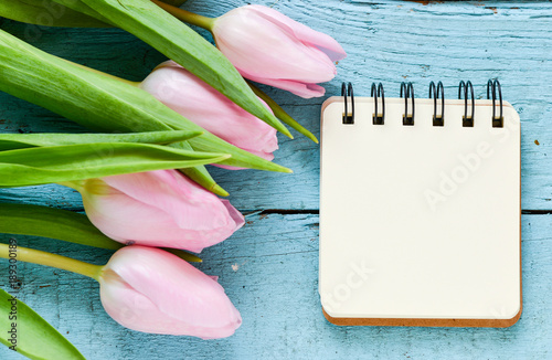 Empty notebook and tulips on wooden board