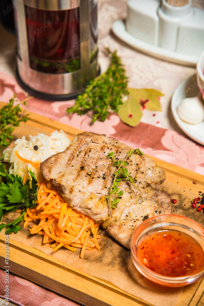 Chef s specialty presented in restaurant on served table Chef s specialty presented in restaurant on served table
