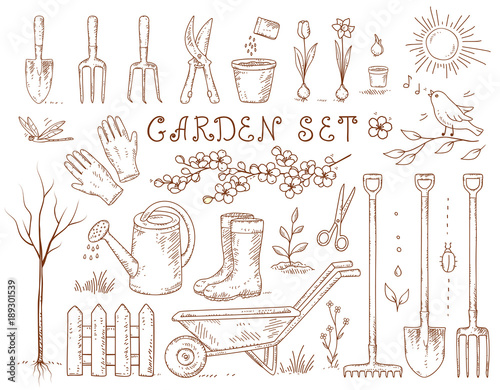 spring hand drawn garden tools set