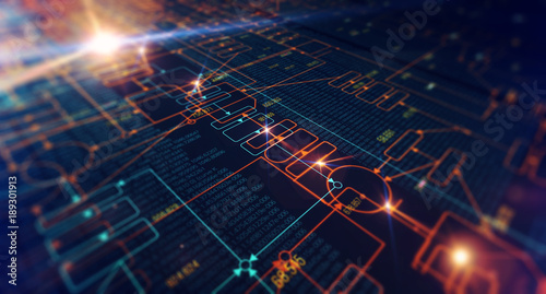 Block chain network/Blockchain network concept , Distributed register technology , Block chain code and computer connection with optical flares background.