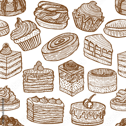 Seamless Pattern with Cupcakes Cakes and Pastries. Background with Sweets in Hand Drawn Doodle Style. Vector Illustration