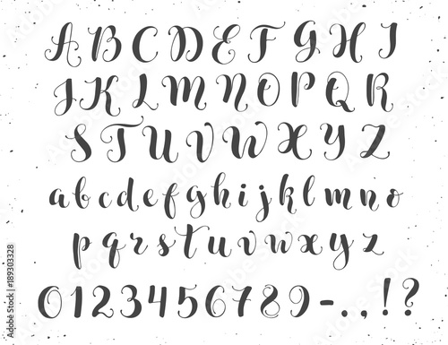 Elegant calligraphy letters. Handwritten alphabet isolated on white background. Uppercase, lowercase letters, numbers and symbols. Hand drawn modern script.