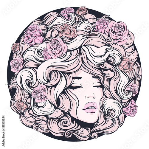 girl, eyes closed, long curly hair pink color with decorative hairstyle