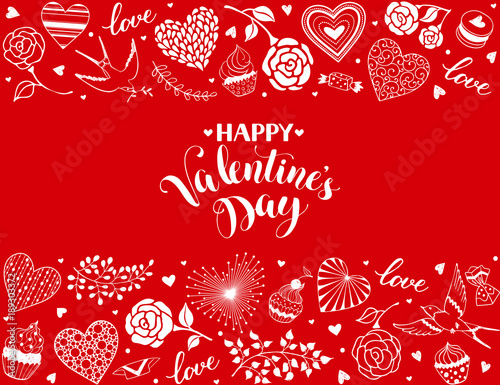 Happy Valentines Day greeting card with horisontal frame from hearts and floral elements. Romantic hearts in horisontal composition with calligraphic phrase on red background.