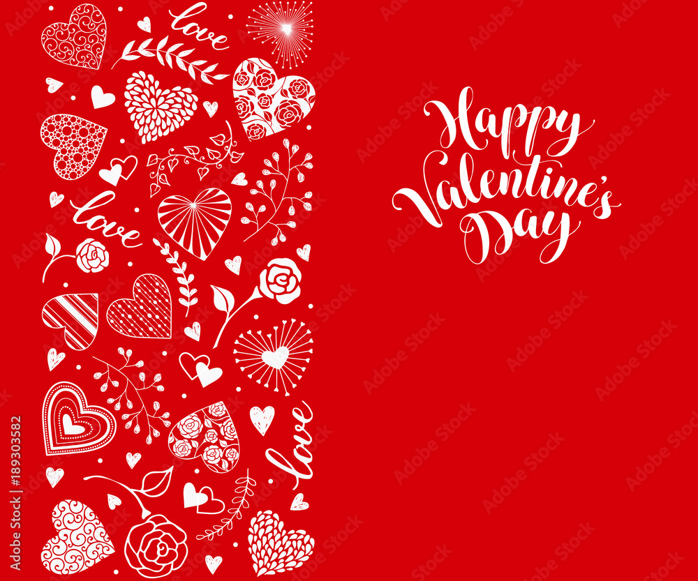 Fototapeta premium Happy Valentines Day greeting card with vertical frame from hearts and floral elements. Romantic hearts in horisontal composition with calligraphic phrase on red background.