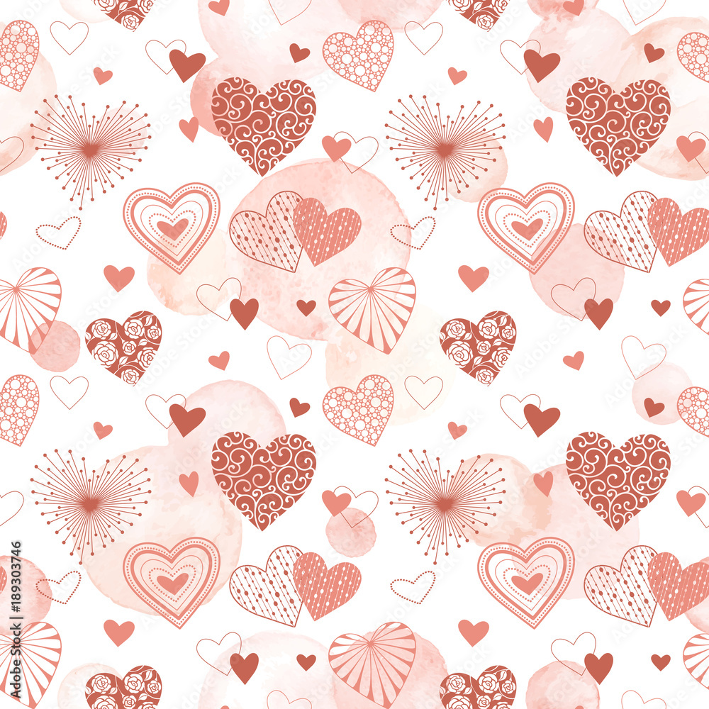 Cute vector hearts seamless background. Valentine day hearts ornament with  pink watercolor spots on background. Romantic tiled pattern for wrapping  paper and wallpaper design. Stock Vector | Adobe Stock