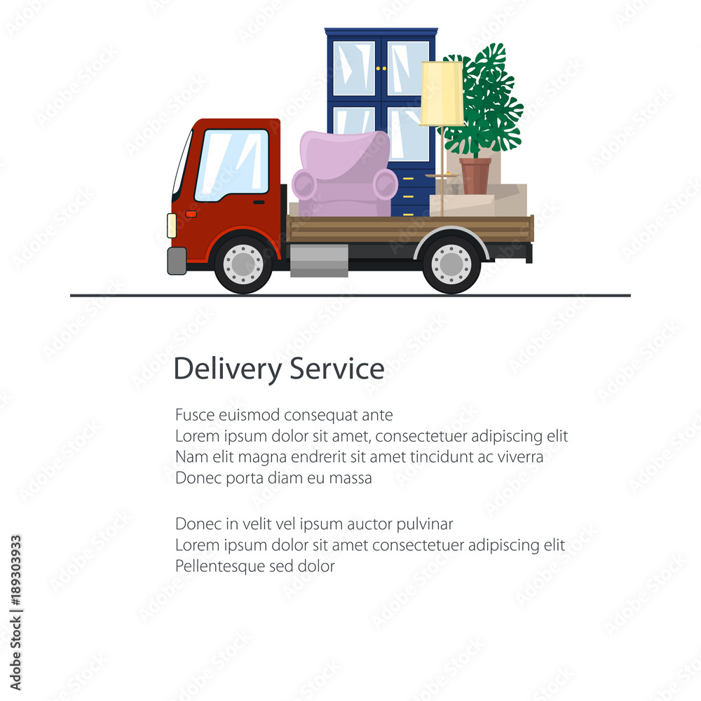 Freight Car is Transporting Furniture Isolated on a White Background and Text, Poster Transportation and Cargo Delivery Services, Logistics, Flyer Brochure Design, Vector Illustration Freight Car is Transporting Furniture Isolated on a White Background and Text, Poster Transportation and Cargo Delivery Services, Logistics, Flyer Brochure Design, Vector Illustration