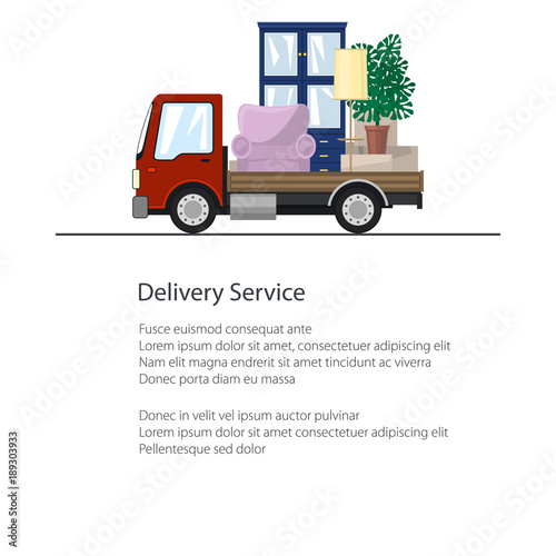 Freight Car is Transporting Furniture Isolated on a White Background and Text, Poster Transportation and Cargo Delivery Services, Logistics, Flyer Brochure Design, Vector Illustration