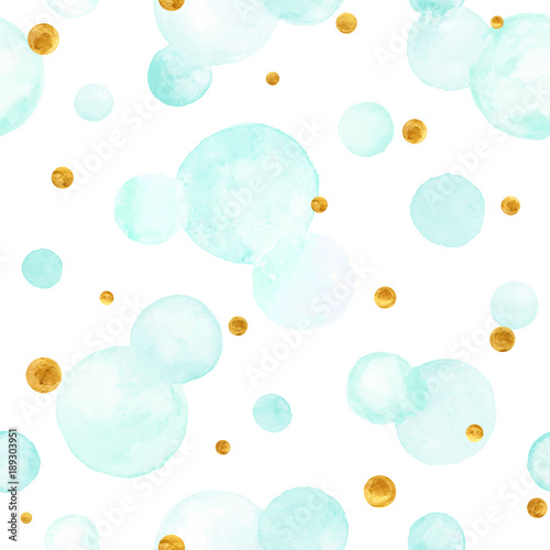 Watercolor vector texture. Aquarelle circles in pastel colors. Seamless pattern. Watercolor blue and golden spots isolated on white background. photo