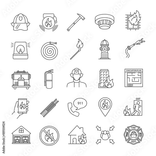 Firefighting linear icons set