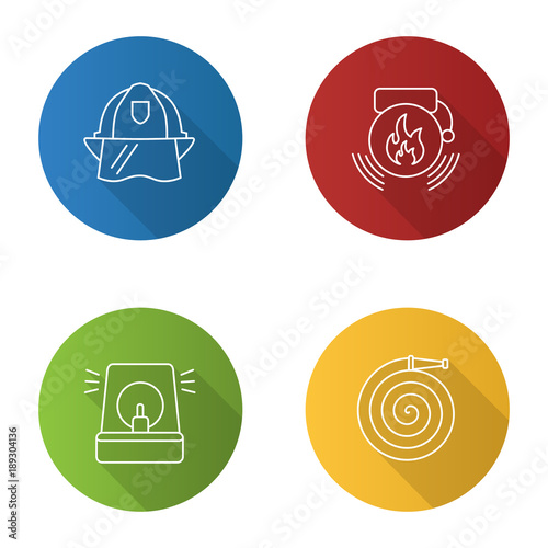 Firefighting flat linear long shadow icons set