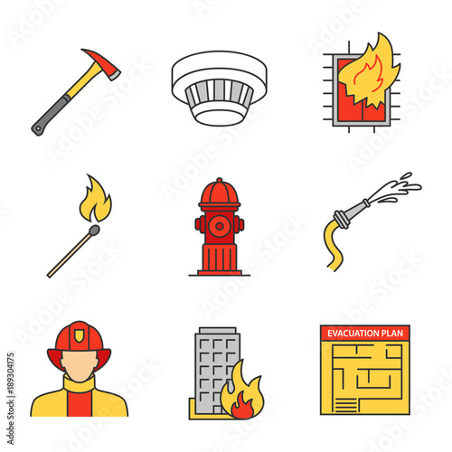 Firefighting color icons set