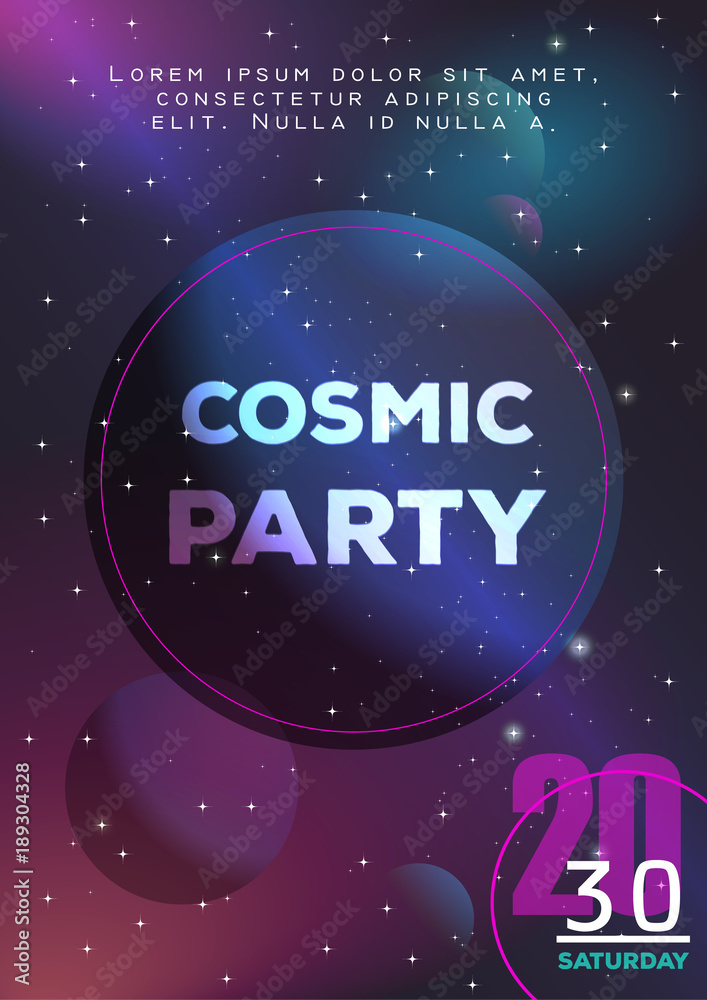 Party invitation card. Poster template, cosmic design.