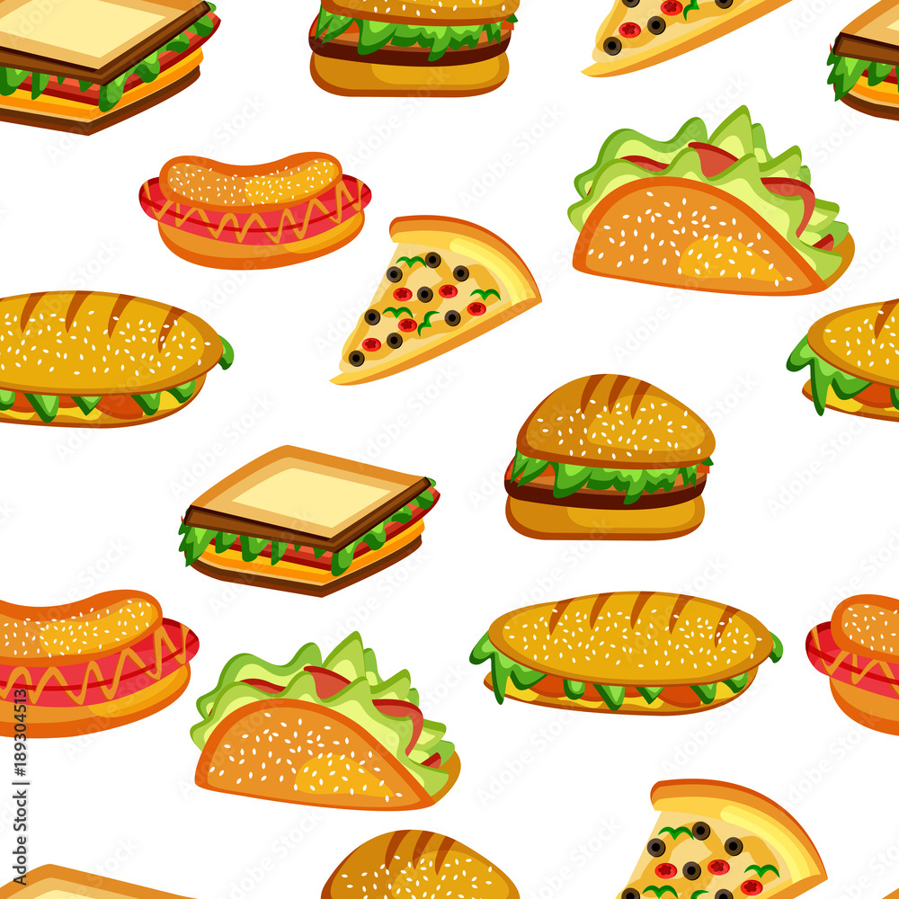 Illustration of fast food elements sandwich, pizza, burger seamless pattern Illustration of fast food elements sandwich, pizza, burger seamless pattern