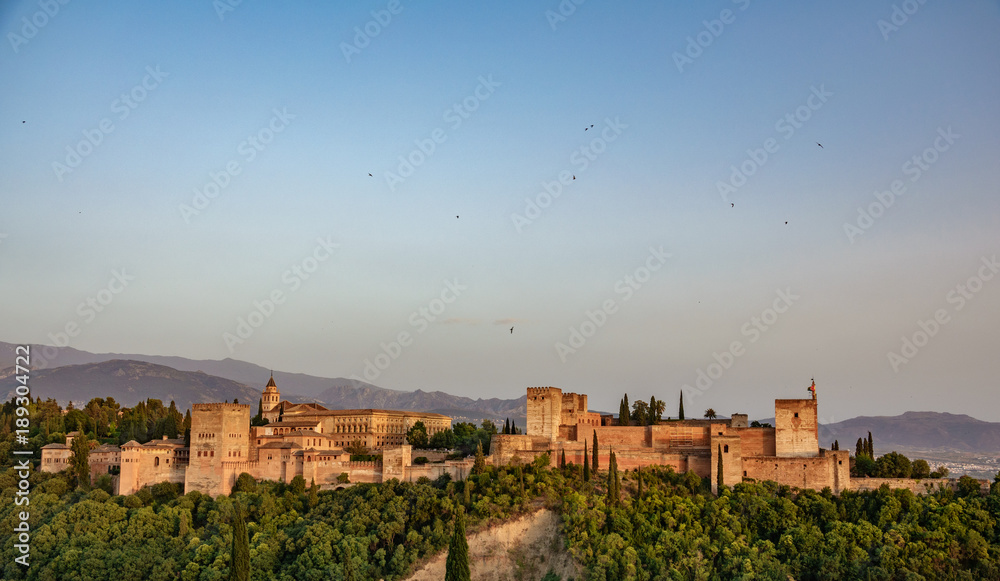 Arabic fortress of Alhambra at sunset in Spain.